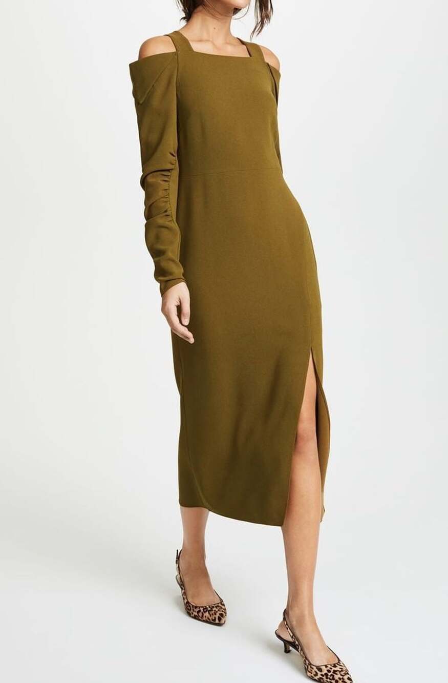 Tibi Olive Green Cold Shoulder Midi Dress | Size 2